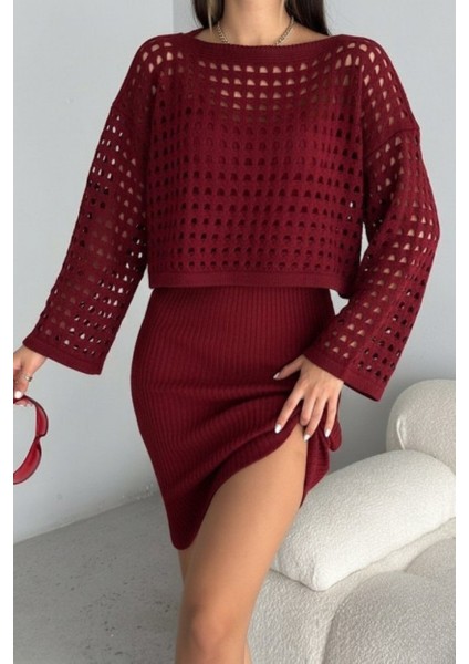Kadın Delikli Kazak Askılı Elbise Triko Kumaş Ikili Takım - Bordo indirimleri