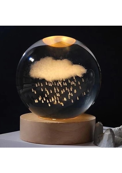 Dekoratif Bulut ve Yağmur Tasarımlı Ahşap Altlıklı Işıklı Cam Küre Cam:6cm Ahşap:2cm