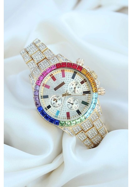 Clariss Trend Gold Metal Kordonlu Zirkon Taş Kaplama Renkli Taşlı Kasa Tasarımlı Lüx Kadın Kol Saati ( Lisinya )