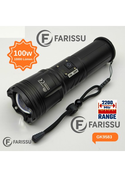 100W Lazer LED El Feneri - 2200 Metre Menzil, 7200MAH Powerbank Özellikli, Dijital Göstergeli ve 5 Mod