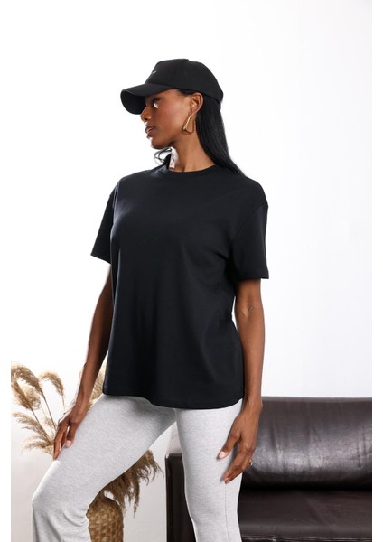 Siyah Bisiklet Yaka Oversize Tişört 4031
