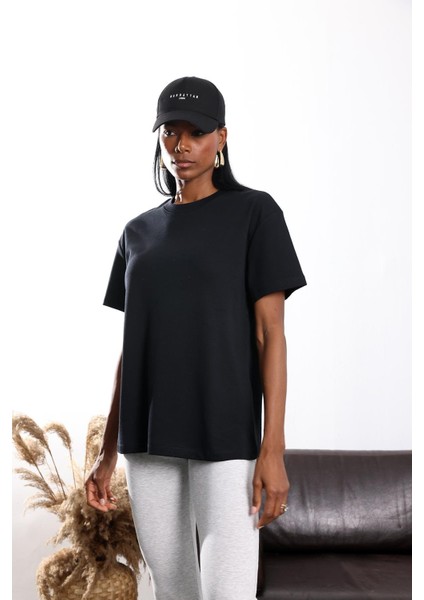 Siyah Bisiklet Yaka Oversize Tişört 4031 modelleri