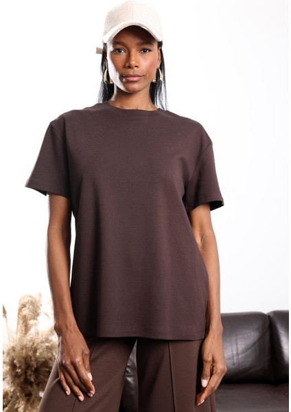 Kahverengi Bisiklet Yaka Oversize Tişört 4031 fırsatları