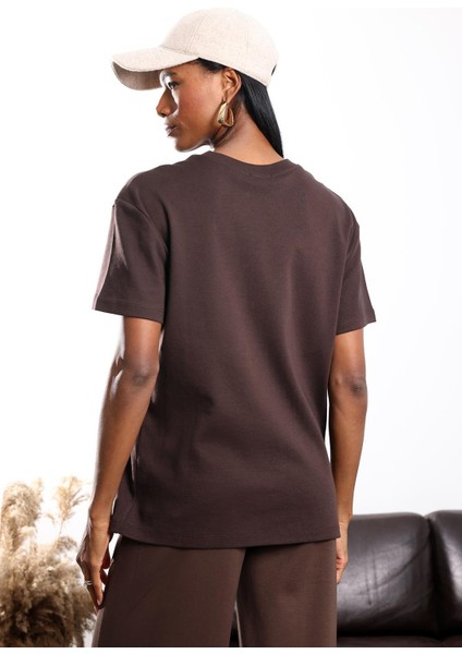 Kahverengi Bisiklet Yaka Oversize Tişört 4031