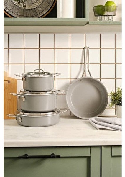 Swiss Crystal Derin Tencere Seti Gri 7 Parça Yapışmaz Swiss Kristal Kaplama