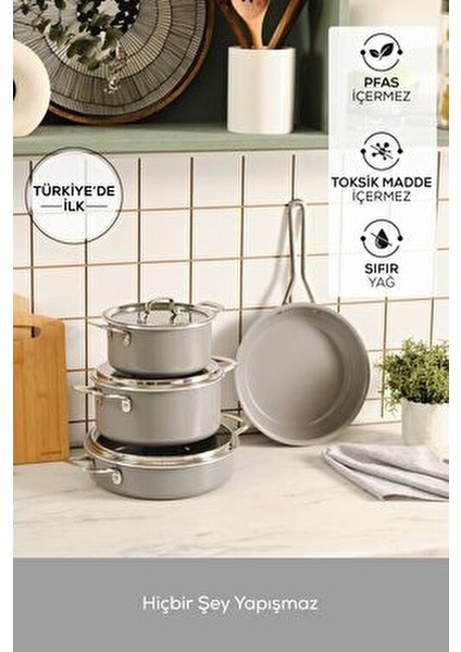 Swiss Crystal Derin Tencere Seti Gri 7 Parça Yapışmaz Swiss Kristal Kaplama