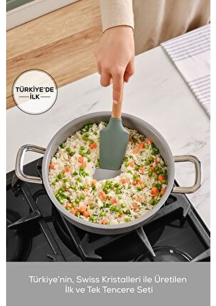Swiss Crystal Derin Tencere Seti Gri 7 Parça Yapışmaz Swiss Kristal Kaplama