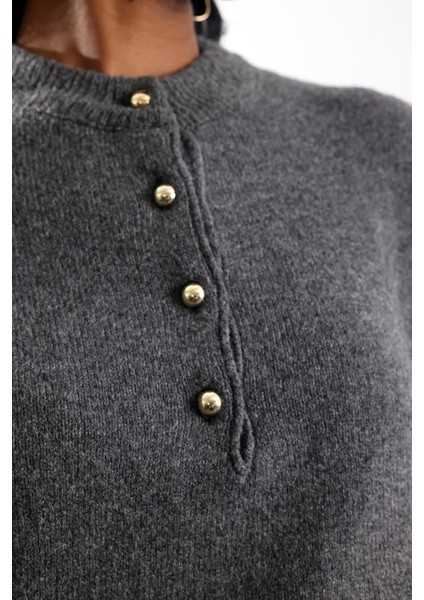 Antrasit Dört Düğmeli Triko Kazak 251128