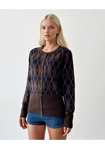 Kahve Lacivert Baklava Desenli Kendinden Kemerli Kadın Hırka