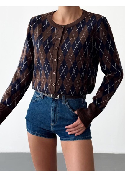 Kahve Lacivert Baklava Desenli Kendinden Kemerli Kadın Hırka fiyatları