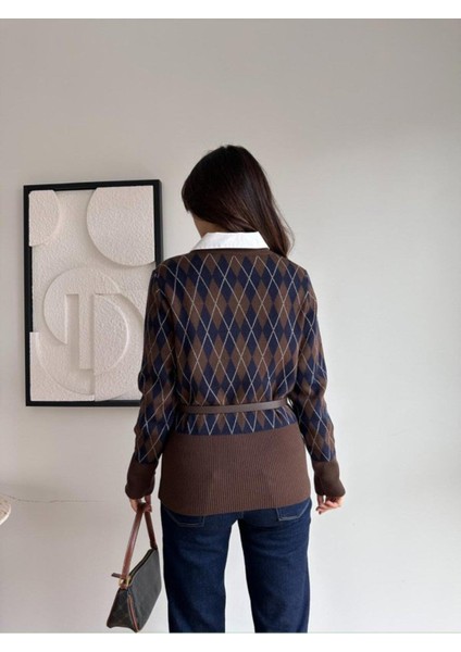 Kahve Lacivert Baklava Desenli Kendinden Kemerli Kadın Hırka modelleri