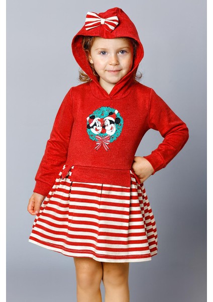 Kız Çocuk Noel Temalı Kapüşonlu Elbise – Çizgili Etekli, Fiyonklu 9532