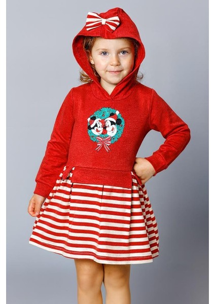 Kız Çocuk Noel Temalı Kapüşonlu Elbise – Çizgili Etekli, Fiyonklu 9532 fiyatları