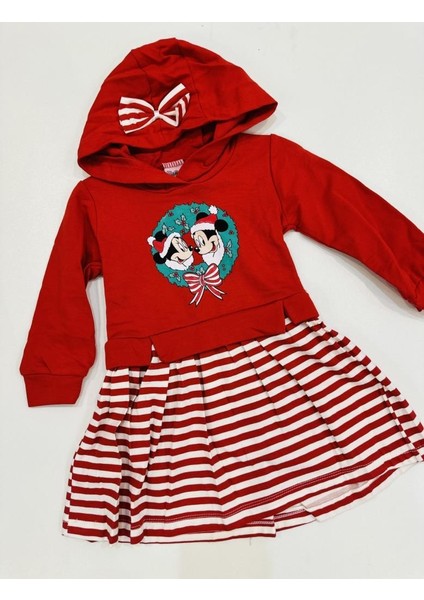 Kız Çocuk Noel Temalı Kapüşonlu Elbise – Çizgili Etekli, Fiyonklu 9532 modelleri