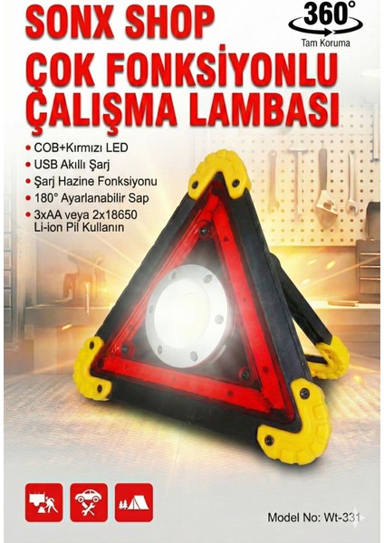 Çok Fonksiyonlu Üçgen Reflektör LED Projektör - Powerbank Özellikli Şarjlı Kamp ve Arıza Lambası