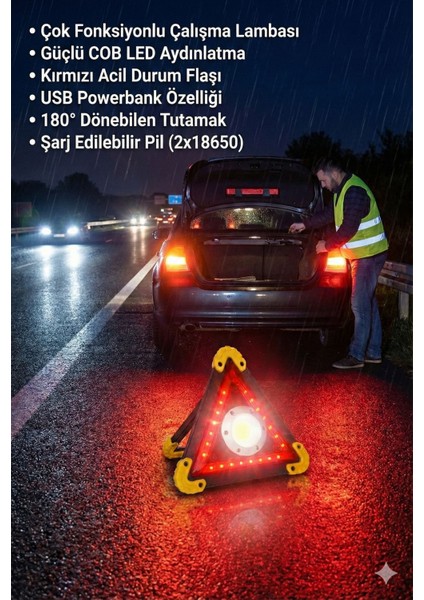 Çok Fonksiyonlu Üçgen Reflektör LED Projektör - Powerbank Özellikli Şarjlı Kamp ve Arıza Lambası modelleri