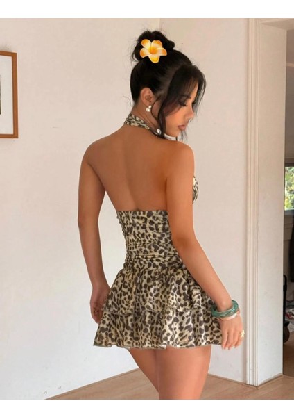 Leopar Desenli Boyundan Askılı Kloş Kadın Fantezi Gece Elbisesi fiyatları