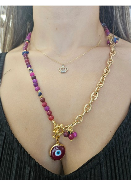 Pembe,mor Akik ve Lapis Taşı Tasarım Kolye