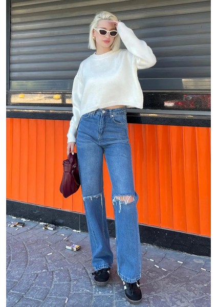 Kadın Düz Basic Crop Şardonlu Ekru Triko Kazak