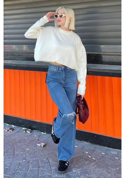 Kadın Düz Basic Crop Şardonlu Ekru Triko Kazak fiyatları