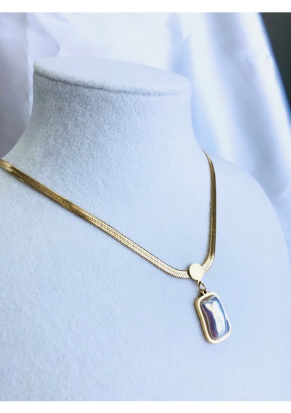 Beyazsedef Taşlı Çelik Kolye