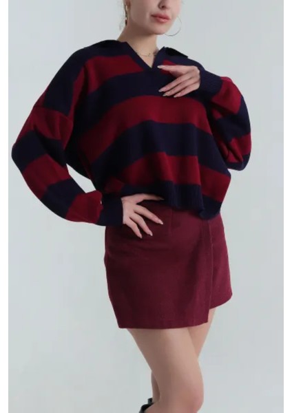 Kadın Polo Yaka Çizgili Triko Kazak