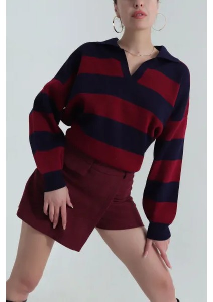 Kadın Polo Yaka Çizgili Triko Kazak fiyatları