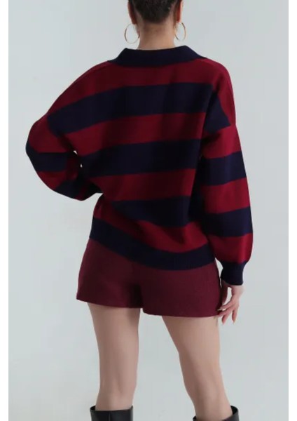 Kadın Polo Yaka Çizgili Triko Kazak modelleri