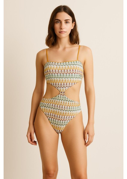 Kadın Etnik Desenli Bağlamalı Tek Parça Çizgili Mayo – Şık Kesim DETAYLI-0290