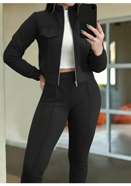 Kadın Uzun Kollu Önden Fermuarlı Kısa Modal Ceket ve Pantolon Ikili Takım fiyatları