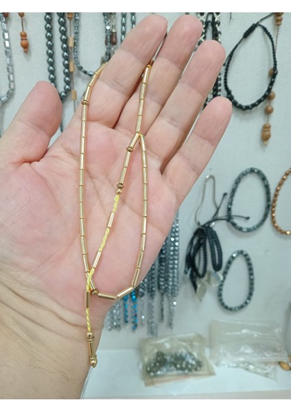 Kesme Model Altın Renk Hematit Taşı Tesbih 3 x 9 mm