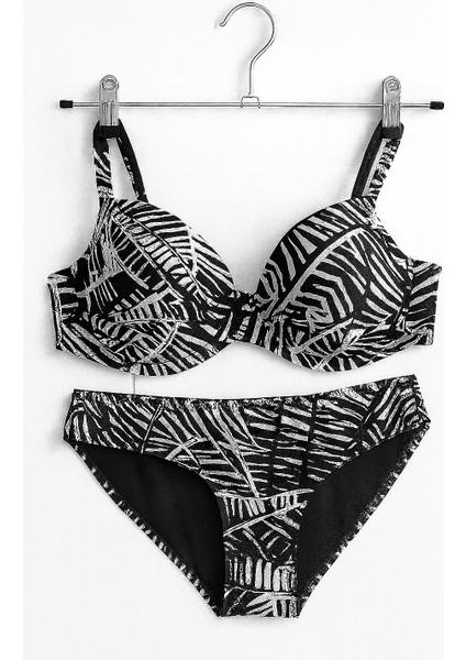 Kadın Siyah Beyaz Desenli Dolgulu Destekli Bikini TAKIMI-1192