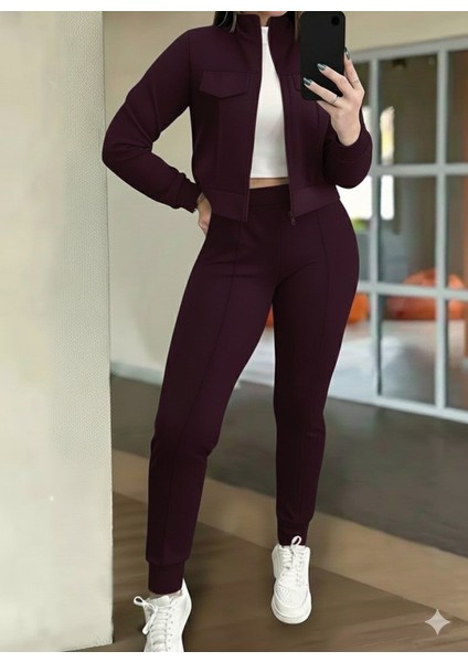 Kadın Uzun Kollu Önden Fermuarlı Kısa Modal Mor Ceket ve Pantolon Ikili Takım