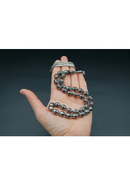 Siyah İnci Oltutaşı Badem Kesim Nakış Işlemeli Oltu Taşı Tesbih ST000154