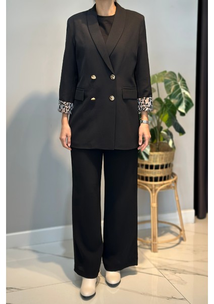 Kadın Leopar Astar Detay Blazer Ceket 1156 Siyah