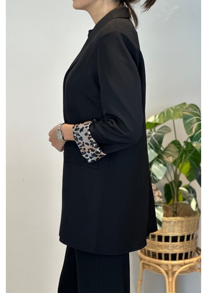 Kadın Leopar Astar Detay Blazer Ceket 1156 Siyah modelleri