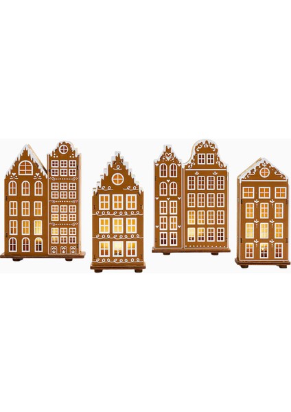 LED Gingerbread Holiday Village Set 4 Ahşap Aydınlatmalı Evler Yılbaşı Temalı
