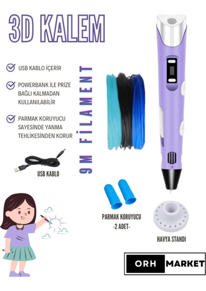 Mor 3D Kalem 3D Pen Yazıcı Kalem – 3 Adet 3 Metrelik Pla Filament (Toplam 9m) USB Kablo