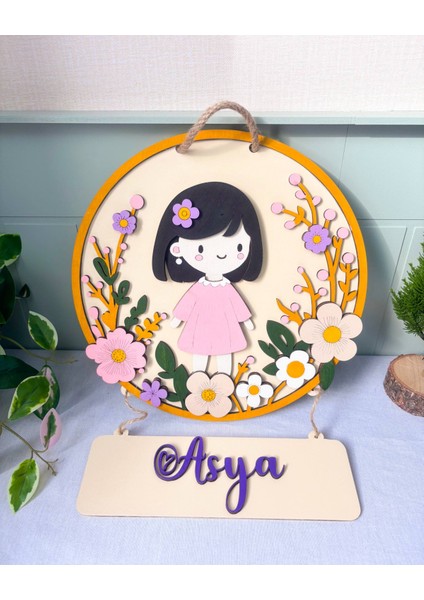 Özel Tasarım Kız Çocuk Temalı Bebek Ahşap Kapı Süsü