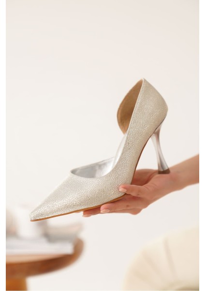 Angela Kadın Gümüş Özel Malzeme Topuklu Ayakkabı