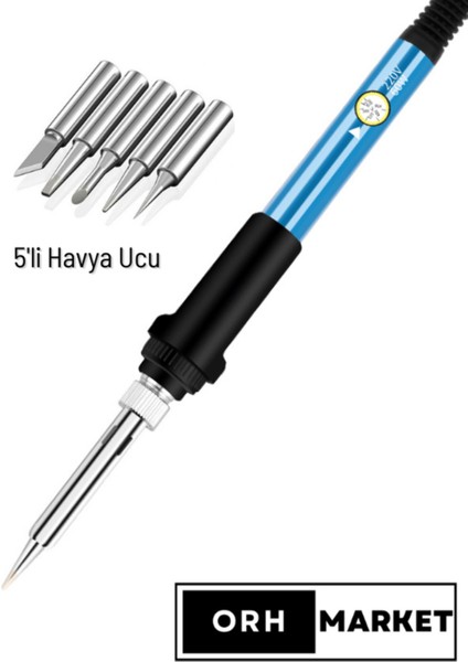 60W Sıcaklık Ayarlı Lehim Havya Seti – 5 Farklı Uçlu, Seramik Rezistörlü Kalem Havya