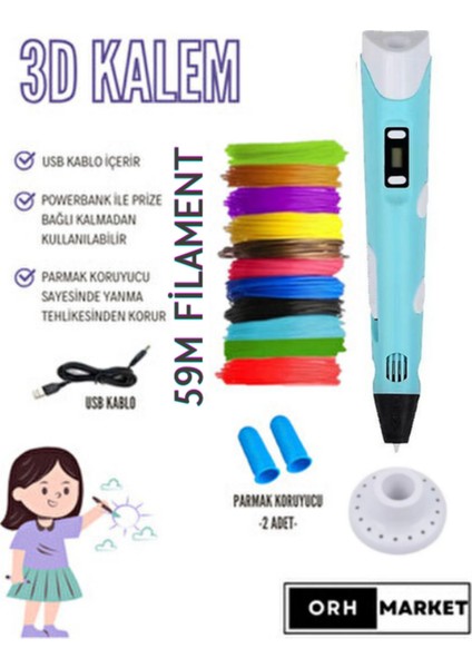 Mavi 3D Kalem 3D Pen Yazıcı Kalem – Çok Renkli Pla Filament (Toplam 59M) + USB Kablo
