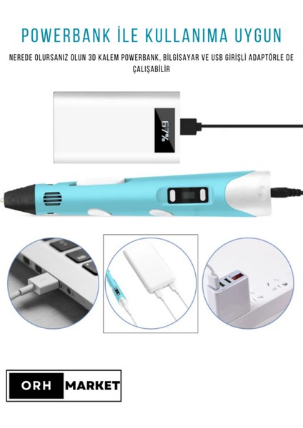 Mavi 3D Kalem 3D Pen Yazıcı Kalem – Çok Renkli Pla Filament (Toplam 59M) + USB Kablo fiyatları