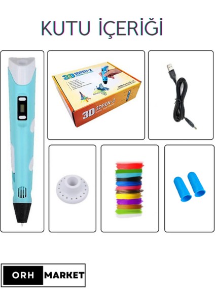 Mavi 3D Kalem 3D Pen Yazıcı Kalem – Çok Renkli Pla Filament (Toplam 59M) + USB Kablo modelleri