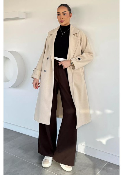 Kadın Kendinden Desenli Bel Kuşaklı Kaban P-00019457