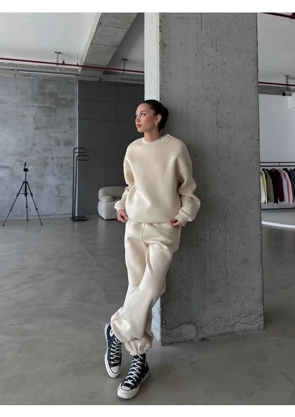 3 Iplik Şardonlu Lastik Paça Eşofman Bej P510439 modelleri