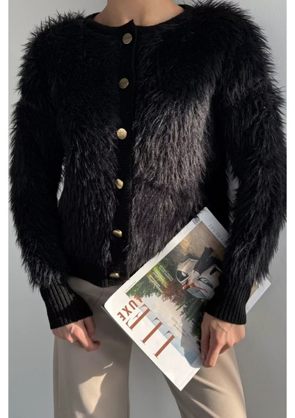 Kadın Ön Düğmeli Sakallı Triko Ceket P-00019478