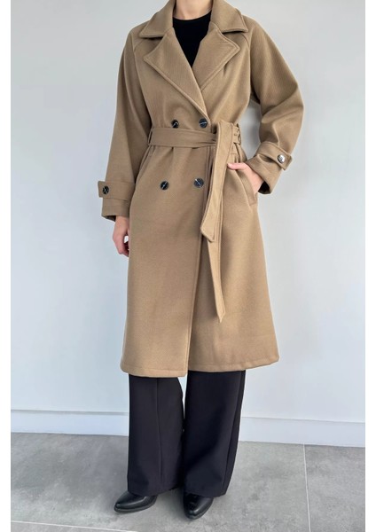 Kadın Kendinden Desenli Bel Kuşaklı Kaban P-00019457