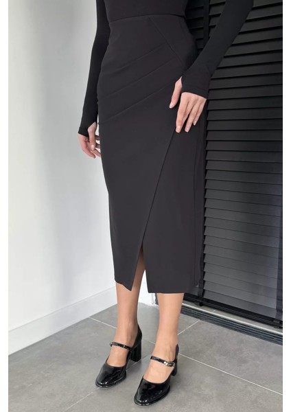 Kadın Drapeli Fermuar Detaylı Midi Boy Etek P-00019475
