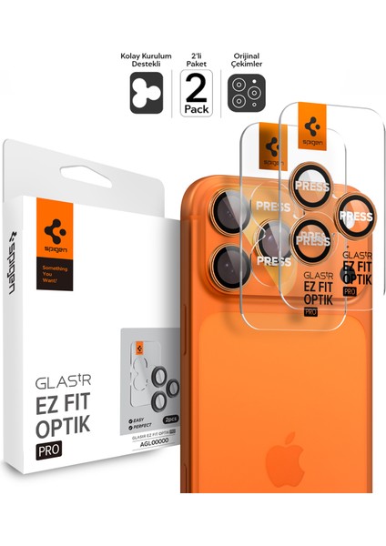 Apple iPhone 17 Pro Max / 17 Pro / 16 Pro Max / 16 Pro / 15 Pro Max / 15 Pro / 14 Pro Max ile Uyumlu Kamera Lens Camı Koruyucu Kolay Kurulum GLAS.tR EZ Fit Optik Pro (2 Adet) Orange-AGL10123